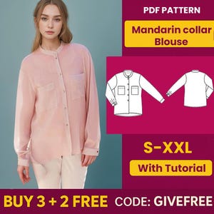 Blouse Sewing Pattern PDF  | Digital Download Pattern | Beginner Friendly Top Pattern | DIY Women&#39;s Clothing| Mandarin collar Blouse pattern