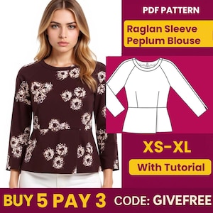 Blouse Sewing Pattern PDF  | Digital Download Pattern | Beginner Friendly Pattern | Raglan Sleeve Peplum Blouse pattern