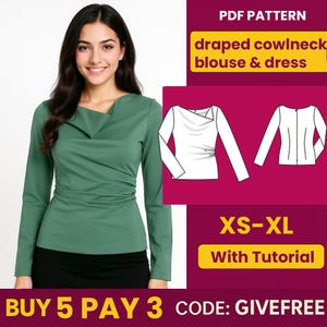 Może przedstawiać: Kobieta w bluzce z długim rękawem i drapowanym dekoltem w kolorze stonowanej zieleni. Obraz zawiera grafikę wzoru PDF z tekstem "draped cowlneck blouse & dress", rozmiarem "XS-XL" i "With Tutorial".