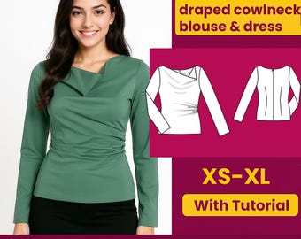 Könnte beinhalten: Eine Frau trägt eine langärmlige, drapierte Bluse mit Wasserfallausschnitt in einem gedämpften Grünton. Das Bild enthält eine PDF-Mustergrafik mit dem Text "draped cowlneck blouse & dress", der Größenangabe "XS-XL" und "With Tutorial".