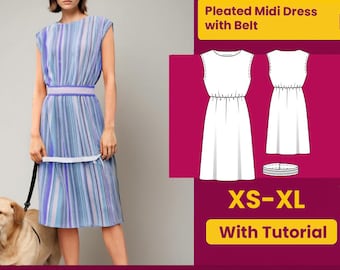 Pleated Midi Dress Sewing Pattern with Belt (PDF Download): Beginner Friendly