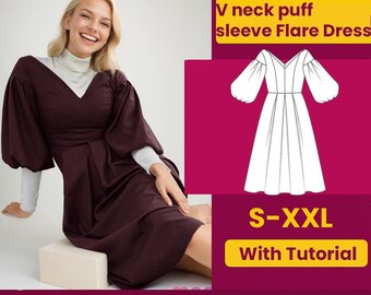 V-Neck Puff Sleeve Dress Sewing Pattern | Beginner Friendly (PDF Download)