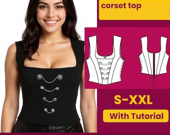 May include: Black corset top with silver-toned hardware and a square neckline. The image includes a PDF pattern graphic and text that reads "corset top" and "S-XXL With Tutorial".