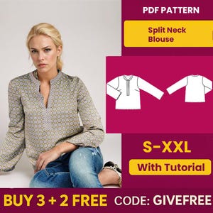 Könnte beinhalten: Eine Frau trägt eine langärmlige Bluse mit geteiltem Ausschnitt und geometrischem Muster. Das Bild enthält Text mit der Aufschrift "PDF Pattern", "Split Neck Blouse" und "S-XXL With Tutorial".