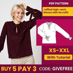 Naaipatroon hoogsluitende blouse met ruches: strikmanchet DIY-top (pdf-patroon)