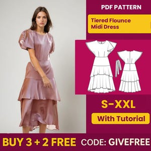 Op de afbeelding: Een mauve midi-jurk met een gelaagd flounce-ontwerp en korte, gepofte mouwen. De afbeelding bevat een PDF-patroon met de tekst "Tiered Flounce Midi Dress" en de maatreeks "S-XXL".
