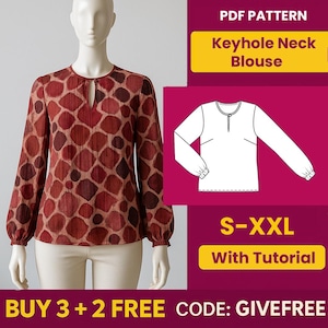 Blouse Sewing Pattern PDF  | Digital Download Pattern | Beginner Friendly Top Pattern | DIY Women&#39;s Clothing  | Keyhole Neck Blouse pattern