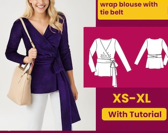 Wrap Blouse Sewing Pattern: Tie Belt Top (PDF Digital Download, S-XXL) Beginner-Intermediate