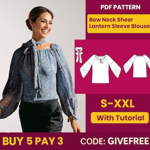 Blouse Sewing Pattern PDF  | Digital Download Pattern | Beginner Friendly Top Pattern | Bow Neck Sheer Lantern Sleeve Blouse pattern