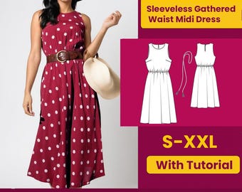 May include: A woman wearing a burgundy midi dress with white polka dots, a brown belt, and a black hat. The dress pattern is shown with the text "Sleeveless Gathered Waist Midi Dress" and "S-XXL With Tutorial".
