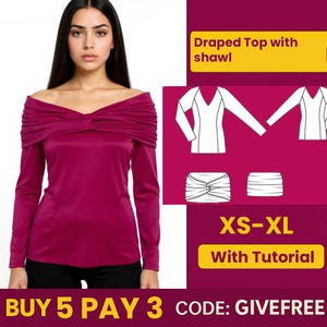 May include: A magenta draped top with long sleeves. The off-the-shoulder design features a gathered neckline. The image includes a diagram of the top and the text "XS-XL With Tutorial".