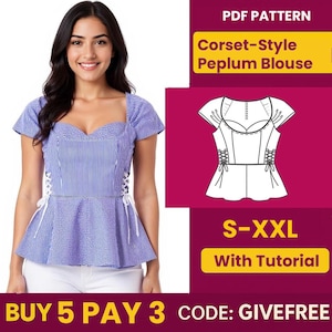 Könnte beinhalten: Eine Frau trägt eine blau-weiß gestreifte Peplum-Bluse im Korsett-Stil mit weißer Schnürung. Das Bild enthält eine Zeichnung der Bluse und den Text "PDF Pattern", "Corset-Style Peplum Blouse" und "S-XXL With Tutorial".