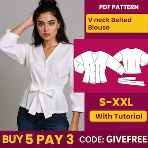 Blouse Sewing Pattern PDF  | Digital Download Pattern | Beginner Friendly Top Pattern | DIY Women&#39;s Clothing  | V Neck Blouse pattern
