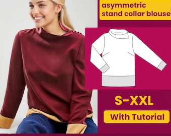Colorblock Blouse Sewing Pattern: Asymmetric Collar Top (PDF Download, S-XXL A4 Size)