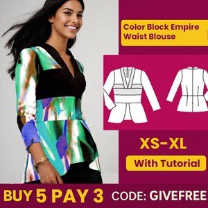 May include: A woman wearing a color block empire waist blouse. The blouse features a V-neck, black bodice, and a waist band with green, blue, and brown accents. The image also includes a diagram of the blouse and text that reads "Color Block Empire Waist Blouse" and "XS-XL With Tutorial."