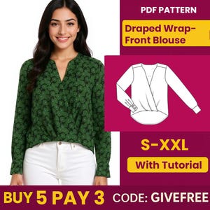 Blouse Sewing Pattern PDF  | Digital Download Pattern | Beginner Friendly Top Pattern |  Draped Wrap front Blouse pattern