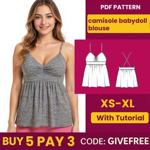 Könnte beinhalten: Ein graues Camisole-Babydoll-Oberteil mit Spaghettiträgern. Das Bild enthält eine PDF-Mustergrafik und den Text "camisole babydoll blouse", "XS-XL" und "With Tutorial".