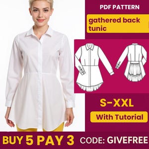 Tunic Blouse Sewing Pattern PDF: Gathered Back, Beginner Friendly (Digital Download)