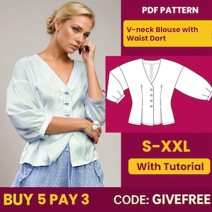 Blouse Sewing Pattern PDF  | Digital Download Pattern | Beginner Friendly Top Pattern | V-neck Blouse with Waist Darts Blouse pattern