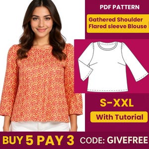 Blouse Sewing Pattern PDF  | Digital Download Pattern | Beginner Friendly Pattern | Gathered Shoulder Blouse Flared Sleeve Blouse pattern