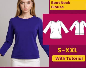 May include: A woman wearing a long-sleeved, royal blue boat neck blouse. The image includes a PDF pattern graphic with the text "Boat Neck Blouse" and sizing information "S-XXL With Tutorial".