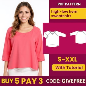 May include: A woman in a coral high-low hem sweatshirt with three-quarter sleeves. The image includes a PDF pattern graphic and text that reads "high-low hem sweatshirt" and "S-XXL With Tutorial."