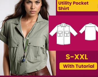 Utility Pocket Shirt Sewing Pattern: Biased Neck Blouse (PDF Pattern, S-XXL)