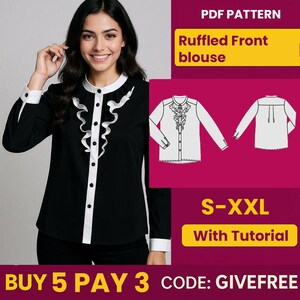 Naaipatroon blouse met ruches aan de voorkant: beginnersvriendelijke doe-het-zelftop (pdf-patroon, S-XXL)
