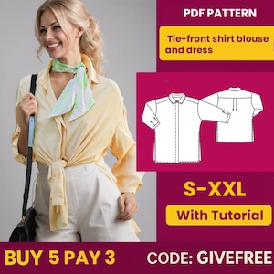 Blouse Sewing Pattern PDF  | Digital Download Pattern | Beginner Friendly Top Pattern | Tie-front shirt blouse and dress pattern