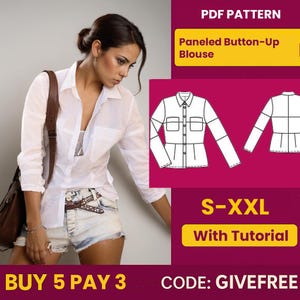 Blouse Sewing Pattern PDF  | Digital Download Pattern | Beginner Friendly Top Pattern | Paneled Button-Up Blouse pattern