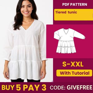 May include: A white tiered tunic with a V-neck and three-quarter sleeves. The image includes a PDF pattern graphic and text that reads "Tiered tunic" and "S-XXL With Tutorial".