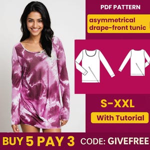 Patrón de costura de blusa en PDF / Patrón de descarga digital / Patrón de blusa para principiantes / Patrón de blusa tipo túnica con drapeado asimétrico