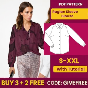 Blouse Sewing Pattern PDF  | Digital Download Pattern | Beginner Friendly Top Pattern | Raglan Sleeve Button up Blouse pattern