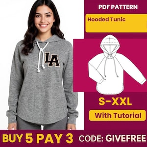 Patrón de costura de blusa en PDF / Patrón de descarga digital / Patrón de blusa para principiantes / Patrón de blusa túnica con capucha