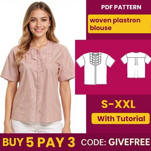 May include: A woman wearing a pink and white striped short-sleeve blouse with a woven plastron design. The image includes a PDF pattern for a woven plastron blouse, size S-XXL, with a tutorial. Text on the image says "BUY 5 PAY 3 CODE: GIVEFREE."