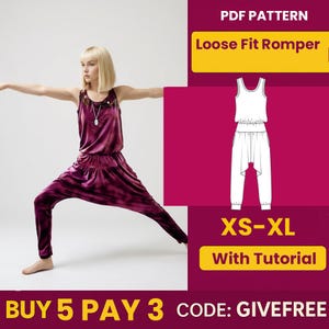 May include: A burgundy tie-dye loose-fit romper is shown on a woman. The image includes a diagram of the romper and text that reads "PDF Pattern", "Loose Fit Romper", "XS-XL", and "With Tutorial".
