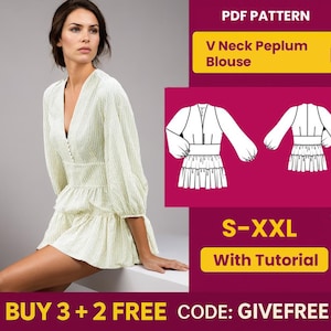 Blouse Sewing Pattern PDF  | Digital Download Pattern | Beginner Friendly Top Pattern | V Neck Peplum Blouse pattern