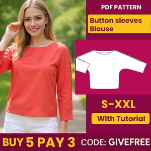 Puede incluir: Una mujer con una blusa color coral con mangas abotonadas. La imagen incluye un diagrama de patrón y el texto "Button sleeves Blouse" y "S-XXL With Tutorial".