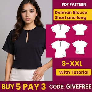 Blouse Sewing Pattern PDF  | Digital Download Pattern | Beginner Friendly Top Pattern |  Gathered waist dolman Blouse pattern