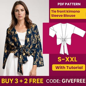 Puede incluir: Una mujer con una blusa estilo kimono azul marino con estampado floral y lazo frontal. La imagen incluye un gráfico de patrón PDF con el texto "Tie front kimono Sleeve Blouse" y "S-XXL With Tutorial".