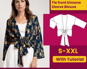 Tie Front Kimono Sleeve Blouse Sewing Pattern: Beginner-Friendly (PDF Download, S-XXL)