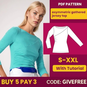 Blouse Sewing Pattern PDF  | Digital Download Pattern | Beginner Friendly Top Pattern | asymmetric gathered jersey top Blouse pattern