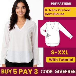 Blouse Sewing Pattern PDF  | Digital Download Pattern | Beginner Friendly Top Pattern | V Neck Curved Hem Blouse pattern