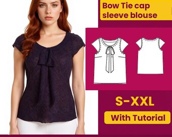 May include: A woman wearing a dark navy blue cap sleeve blouse with a bow tie detail. The image includes a PDF pattern for a bow tie cap sleeve blouse, available in sizes S-XXL, with a tutorial.