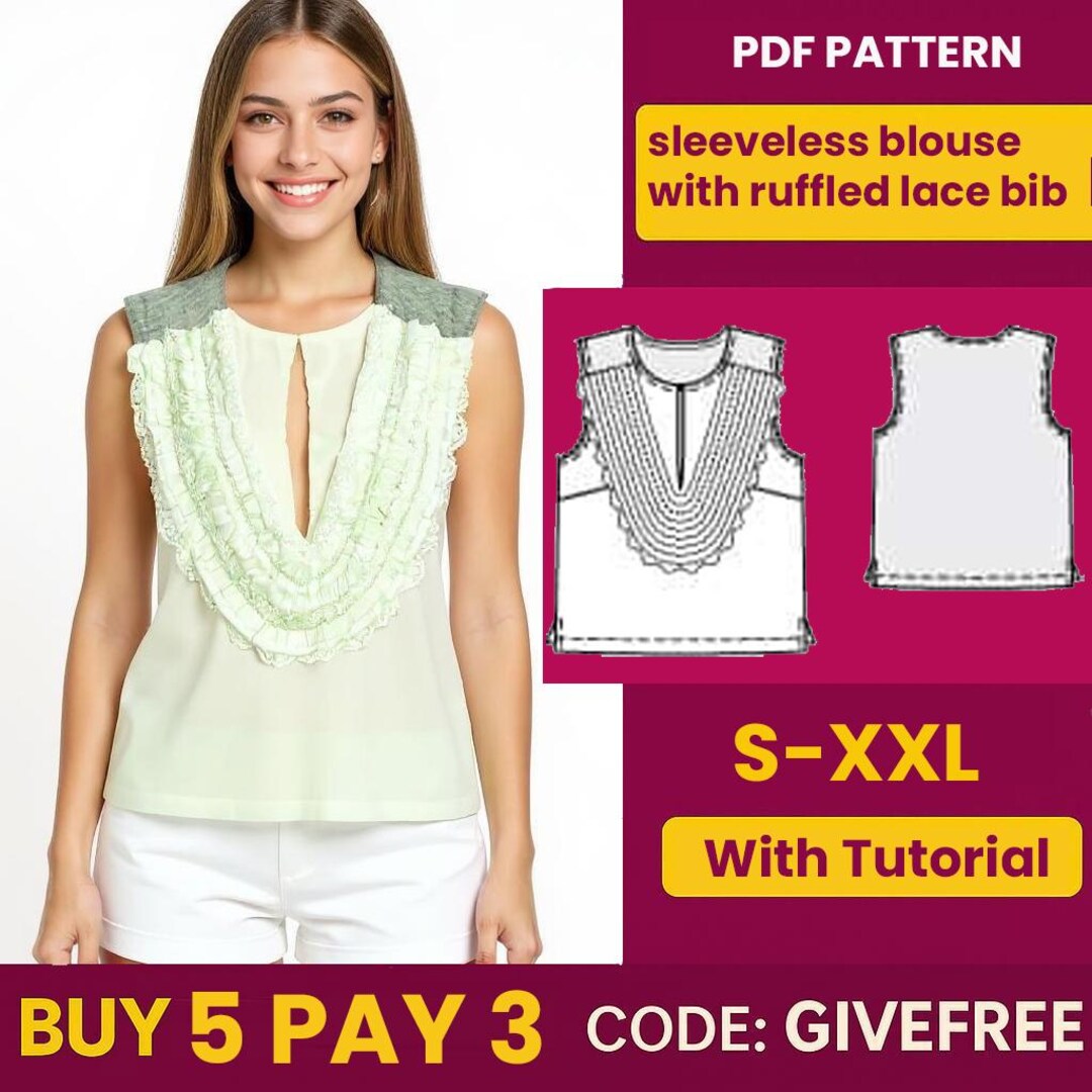 Ruffled Lace Bib Blouse Sewing Pattern: DIY Women's Top (PDF Pattern ...