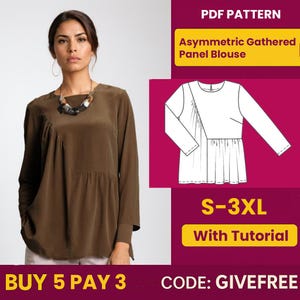 Blouse Sewing Pattern PDF  | Digital Download Pattern | Beginner Friendly Top Pattern | Asymmetric Gathered Panel Blouse pattern