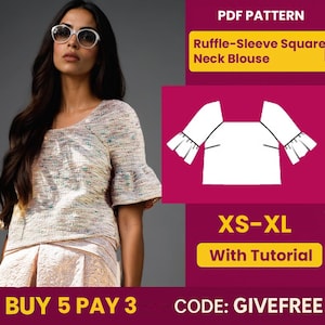 Ruffle Sleeve Blouse Sewing Pattern: Square Neck Top (PDF Download, S-XXL)