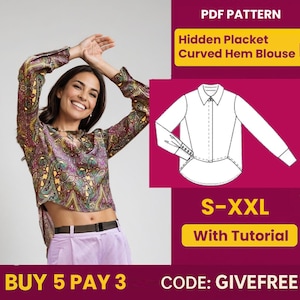 Blouse Sewing Pattern PDF  | Digital Download Pattern | Beginner Friendly Top Pattern | Hidden Placket Curved Hem Blouse pattern