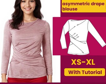 Asymmetric Drape Blouse Sewing Pattern: Beginner-Friendly DIY Top (PDF Download, S-XXL A4)