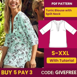 Patrón de costura de blusa en PDF / Patrón de descarga digital / Patrón de blusa para principiantes / Patrón de blusa túnica con cuello dividido